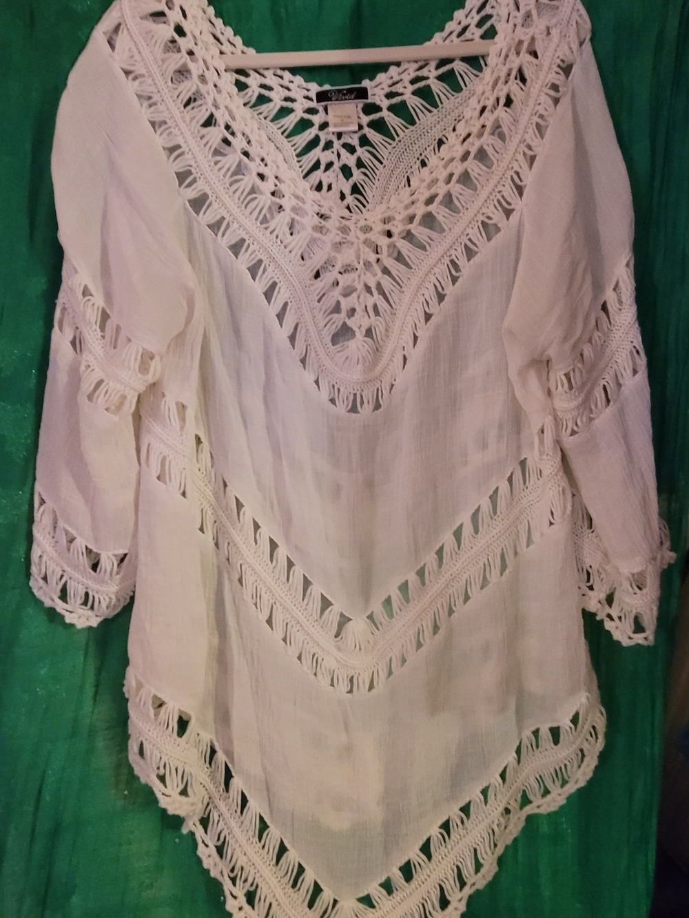 Crochet Trim V-Neck White Boho Tunic Top